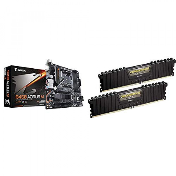 Gigabyte B450 AORUS M (AMD Ryzen AM4 / M.2 Thermal Guard / HDMI / DVI / USB 3.1 Gen 2 / DDR4 / Micro ATX / Motherboard) y Corsair Vengeance LPX 16GB (2x8GB) DDR4 DRAM 3000MHz C15 Desktop Memory Kit - Negro