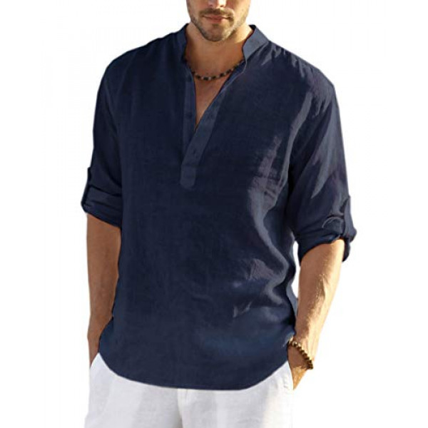 COOFANDY Camisa henley de lino y algodón para hombre, camisetas de playa informales hippie de manga larga