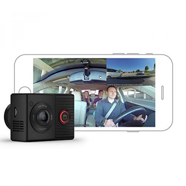 Garmin Dash Cam tándem, cámara de salpicadero de doble lente frontal y trasera con visión nocturna interior, dos lentes de 180 grados, lente frontal con 1440p, lente orientada al interior con 720p