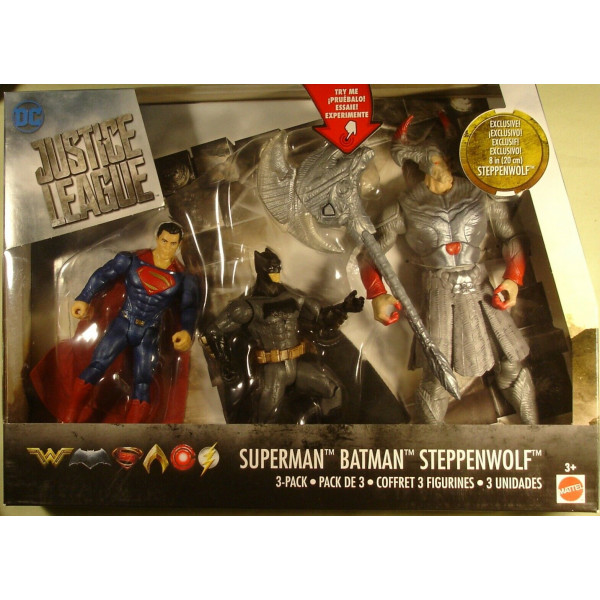 Figura de la Liga de la Justicia paquete de 3 Superman Batman Steppenwolf nuevo en caja Mattel