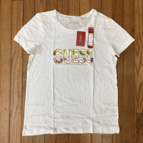 Nuevo GUESS Camiseta con logo de lentejuelas blancas para mujer Camiseta superior Sz M MSRP $ 27