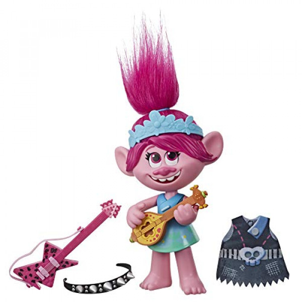 DreamWorks Trolls World Tour Pop-to-Rock Poppy Singing Doll con 2 estilos y sonidos diferentes, Toy Sings Trolls solo quiere divertirse (inglés)