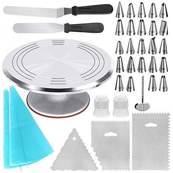 Suministros de decoración de tartas Kootek 35 en 1 con plato giratorio para tartas de aleación de aluminio, 24 puntas de tubería, 2 espátulas de glaseado, 3 peines de glaseado, 2 bolsas de pastelería reutilizables, 2 acopladores y 1 clavo de flor