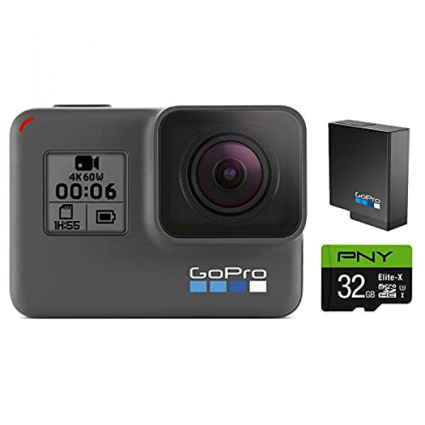 GoPro HERO6 Black + Batería adicional + Tarjeta microSDHC PNY Elite-X de 32GB - Empaque de comercio electrónico - Cámara de acción digital impermeable con pantalla táctil Video 4K HD Fotos de 12MP Estabilización de transmisión en vivo