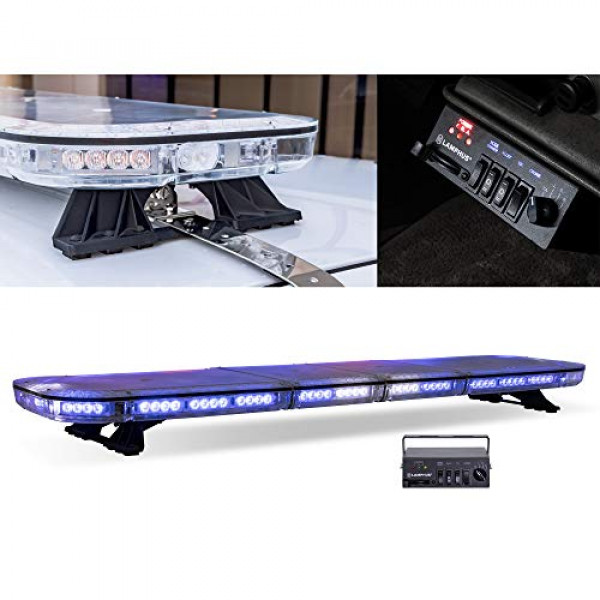 SolarBlast SBFB114 56 114W AZUL LED Barra de luz de emergencia de tamaño completo [SAE J595 Clase III] [Modo de destello 58] [Caja de controlador] [Función TBT] Barra de luz de advertencia estroboscópica azul en la azotea para bombero voluntario