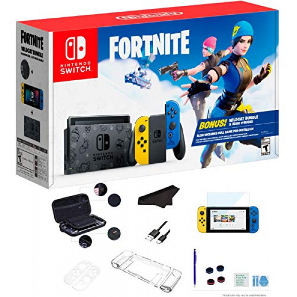 El más nuevo paquete de Nintendo Switch Wildcat Consola Fort-nite Special Edition de 32 GB - Joy-Con amarillo y azul, pantalla multitáctil de 6.2 , WiFi, 2000 V-Bucks para vacaciones familiares + paquete GalliumPi Deluxe 16 en 1