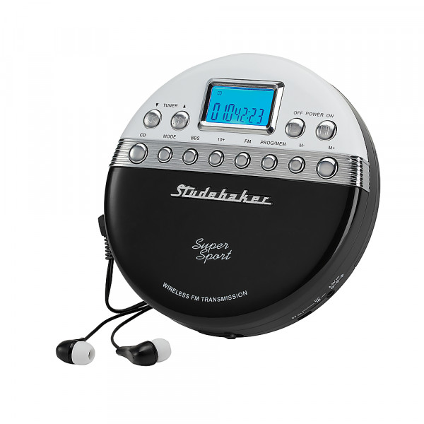 Studebaker - Reproductor de CD personal Joggable con transmisión inalámbrica FM y radio FM PLL - Negro / Blanco