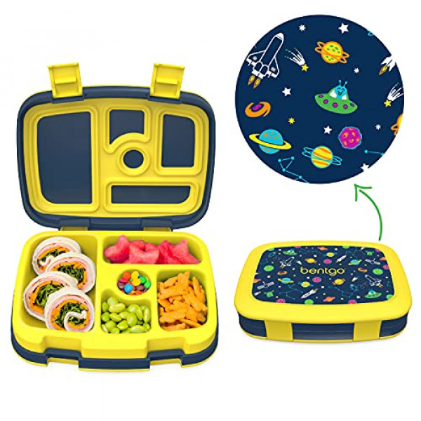 Bentgo Kids Prints a prueba de fugas, fiambrera para niños estilo Bento de 5 compartimentos, tamaño de porción ideal para edades de 3 a 7 años, sin BPA, apto para lavavajillas, materiales aptos para alimentos, colección 2021 (espacio)