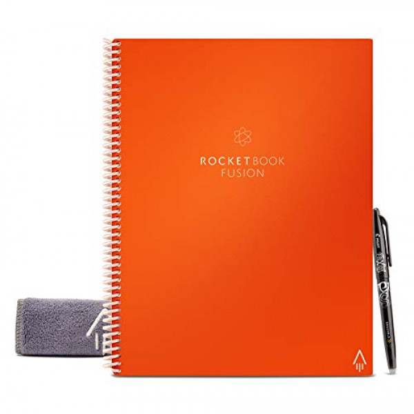 Rocketbook Fusion Smart - Cuaderno reutilizable - Calendario, listas de tareas y plantillas de notas con 1 bolígrafo Pilot Frixion y 1 paño de microfibra incluido - Cubierta naranja baliza, tamaño carta (8.5 x 11)