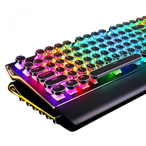 RK ROYAL KLUDGE Teclado mecánico para juegos estilo máquina de escribir con reposamuñecas plegable con retroiluminación RGB real, interruptor azul de 108 teclas, tecla redonda retro, negro