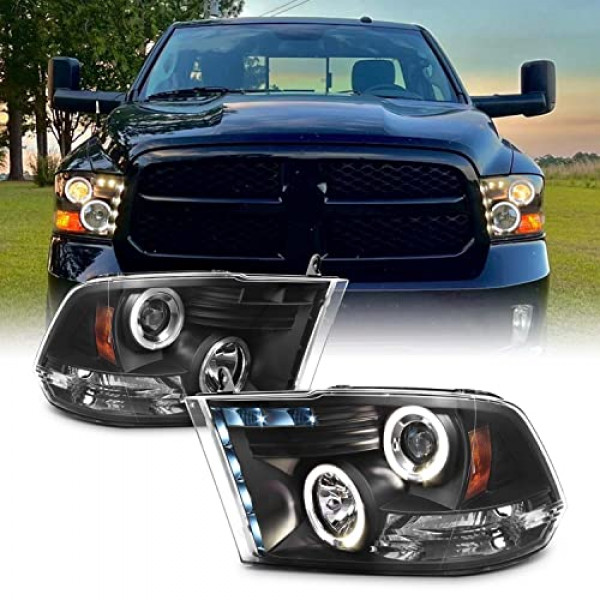 AKKON - Para 09-18 Dodge Ram Pickup Truck Black Bisel Dual Halo Ring LED Proyector Faros delanteros Par de reemplazo