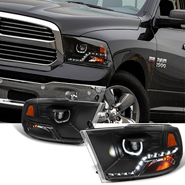 AKKON - Para 2009-2018 Dodge Ram 1500 2500 3500 Halo LED Angel Eye Proyector Negro Par Faros delanteros Carcasa