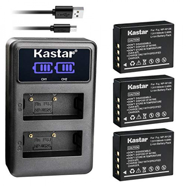 Cargador USB Kastar Dual LCD y 3 baterías para Fujifilm NP-W126 NP-W126s BC-W126 y Fuji HS30EXR HS33EXR HS35EXR HS50EXR X100F X-E1 X-E2 X-E2S X-E3 X-M1 X-T1 X-T2 X- Cámaras T3 X-T10 X-T20 X-H1