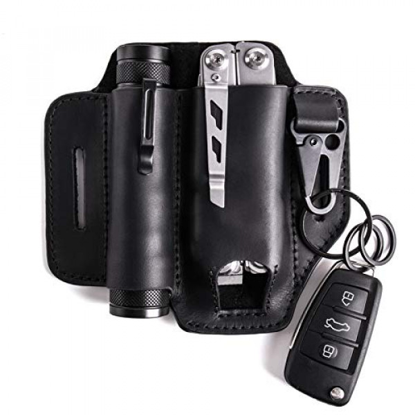 Gentlestache - Funda de piel para multiherramientas Leatherman, organizador de bolsillo EDC con soporte para llaves para cinturón y funda para linterna, funda multiherramientas, color negro