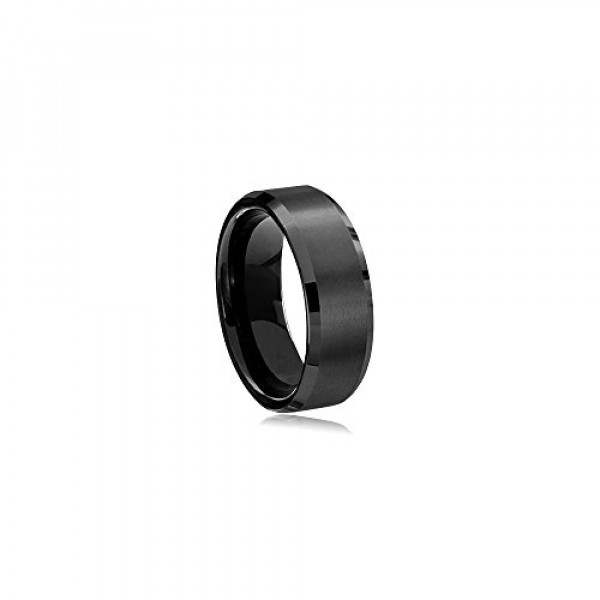 Anillo de boda plano Mysticdrop ​​de carburo de tungsteno de 8 mm (5/16 pulg.) de ajuste cómodo con centro cepillado negro y borde biselado pulido negro