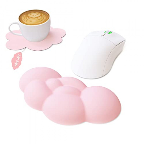 MANBASNAKE Cloud Mouse Pad Muñequera, cojín de cuero con espuma viscoelástica, posavasos de cuero impermeable, reposamanos ergonómico para computadora, computadora portátil, trabajo de oficina, juegos de PC, alivio del dolor de muñeca/codo (rosa)