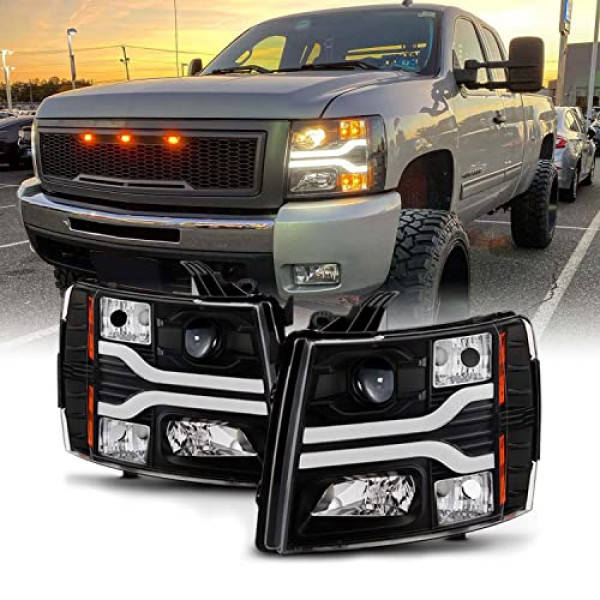 AKKON - Para GMT900 Chevy Silverado Pickup Truck Dual LED Tube DRL Black Proyector Faros delanteros Pares de lámparas, haz bajo: H1, haz alto: H1, conjunto de luces para vehículos, carcasa negra