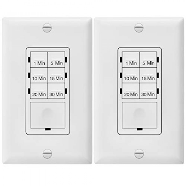 ENERLITES Interruptor temporizador de cuenta regresiva para ventiladores de baño y luces del hogar, configuraciones de 1-5-10-15-20-30 minutos con anulación manual, LED azul siempre encendido, cable neutro requerido, certificación UL, HET06A, blanco, paqu