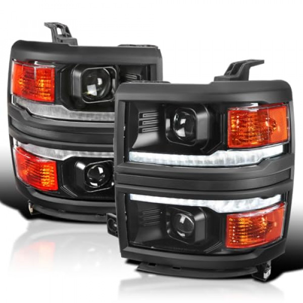 Spec-D Tuning - Faros delanteros con tira LED de conmutación, color negro, compatibles con Chevy Silverado 1500 2014-2015, par de faros delanteros izquierdo + derecho