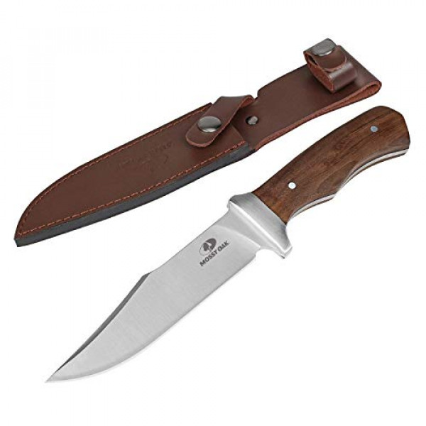 Mossy Oak Cuchillo de hoja fija de espiga completa de 11 pulgadas con funda de cuero, hoja con punta de clip y mango de madera, para supervivencia al aire libre, camping