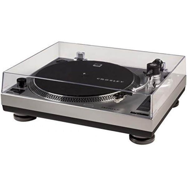 Crosley C100A-SI Tocadiscos con transmisión por correa y contrapeso ajustable, plateado