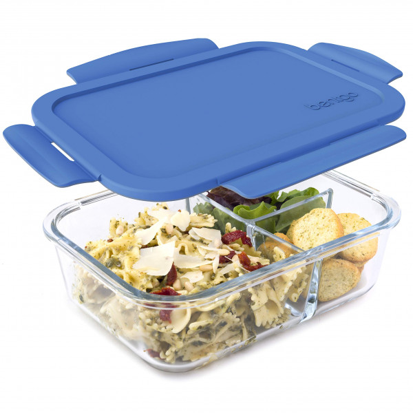 Fiambrera de vidrio Bentgo® - Recipiente para alimentos estilo Bento a prueba de fugas con tapa hermética y diseño de 3 compartimentos divididos - Capacidad para 5 tazas para preparar comidas y comidas con porciones controladas para adultos (azul)