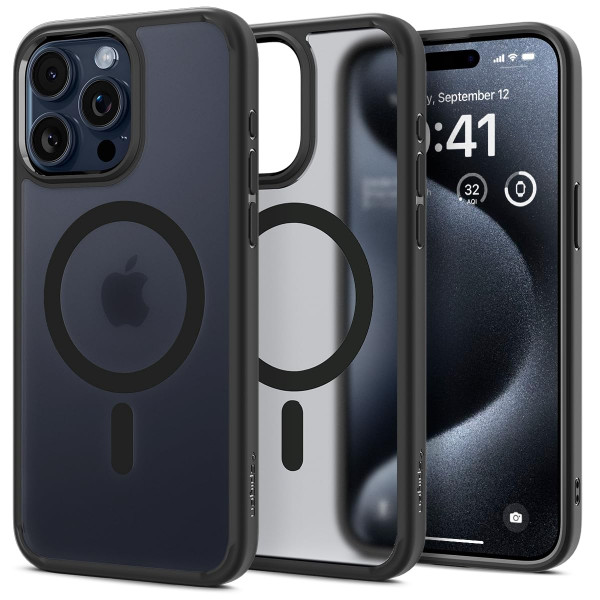 Spigen Magnetic Ultra Hybrid MagFit diseñado para iPhone 15 Pro Max, [antiamarillamiento] [protección de grado militar] compatible con MagSafe (2023) - negro escarcha