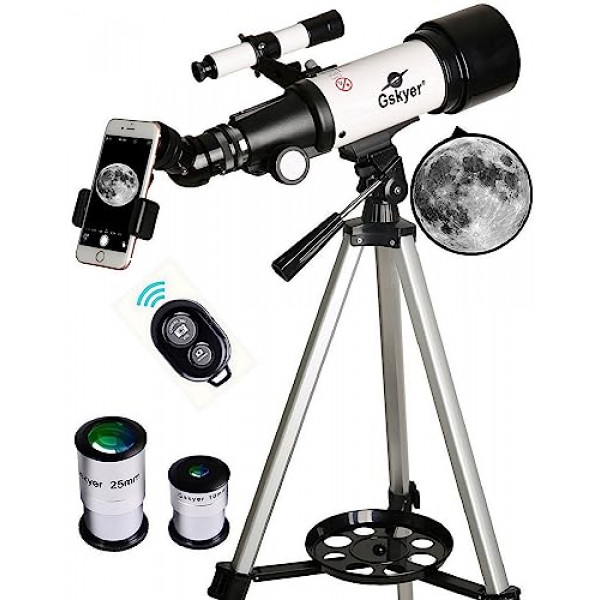 Telescopio Gskyer, telescopio refractor astronómico con montura AZ de 70 mm de apertura y 400 mm para niños principiantes, telescopio de viaje con bolsa de transporte, adaptador para teléfono y control remoto inalámbrico