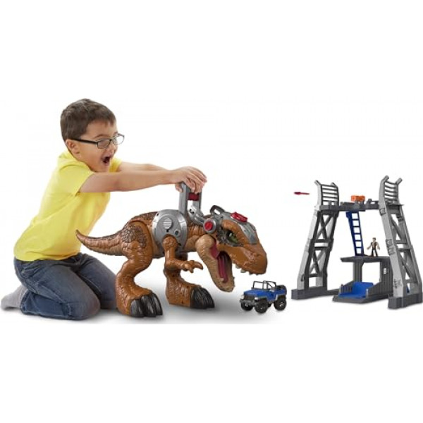 Juguete de dinosaurio Imaginext Jurassic World T. rex con figura de Owen Grady, ojos iluminados y acción de masticación para edades de 3 años o más, juego de 7 piezas (exclusivo de Amazon)