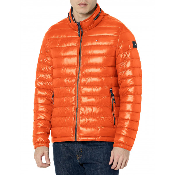 Tommy Hilfiger Chaqueta acolchada alternativa resistente al agua Ultra Loft Down para hombre, color naranja quemado