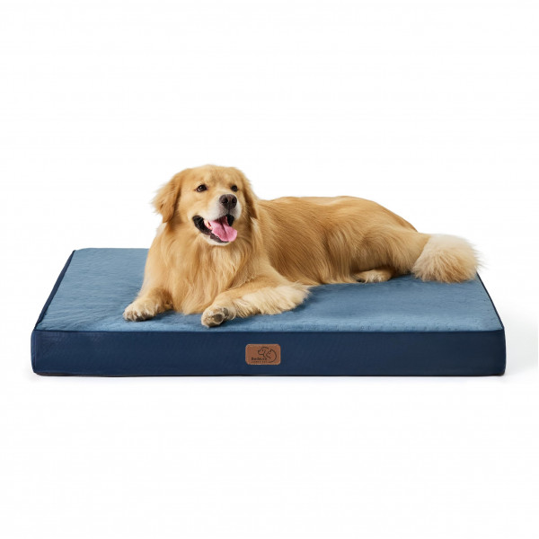 Bedsure Cama ortopédica para perros extra grandes – Camas para perros de espuma viscoelástica XL, cama para mascotas de 2 capas de grosor con funda extraíble lavable y forro impermeable (44 x 32 x 4 pulgadas), azul marino