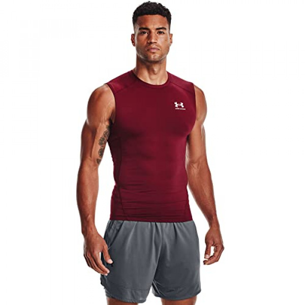 Under Armour Armour HeatGear Camiseta sin mangas de compresión para hombre, Cardinal (625)/Blanco, Small