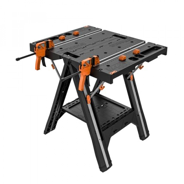 Worx Pegasus Mesa de trabajo plegable 2 en 1 y caballete, banco de trabajo portátil de fácil configuración, mesa de trabajo liviana de 31 de ancho x 25 de profundidad x 32 de alto con capacidad de carga resistente, WX051 - Incluye 2 abrazaderas y 4 per