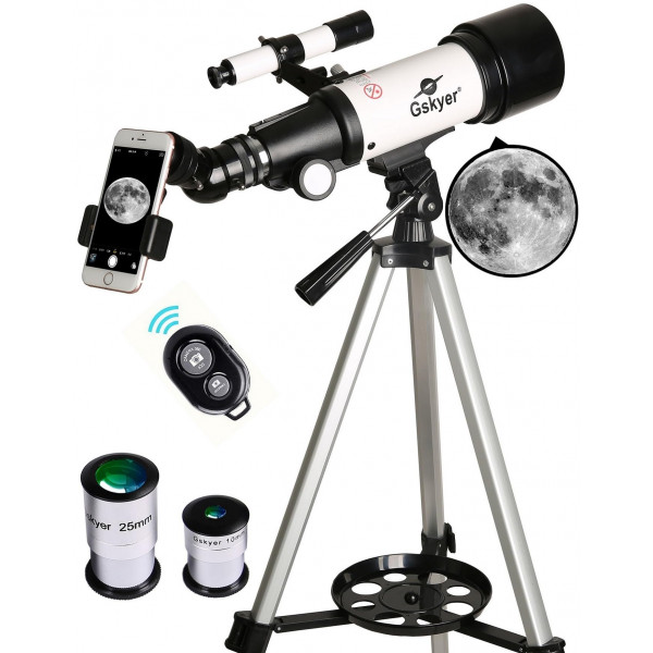 Telescopio Gskyer, telescopio refractor astronómico con montura AZ de 70 mm de apertura y 400 mm para niños principiantes, telescopio de viaje con bolsa de transporte, adaptador para teléfono y control remoto inalámbrico