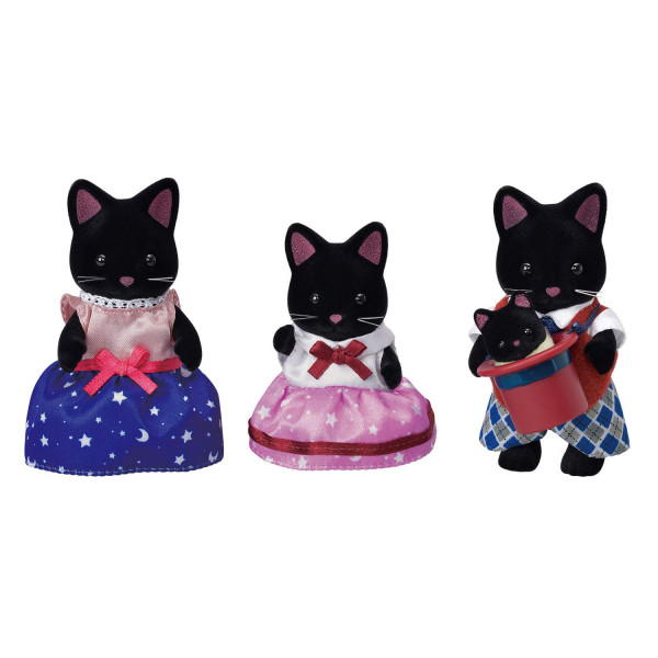 Calico Critters Midnight Cat Family, muñecas, figuras de casa de muñecas, juguetes coleccionables con 4 figuras incluidas