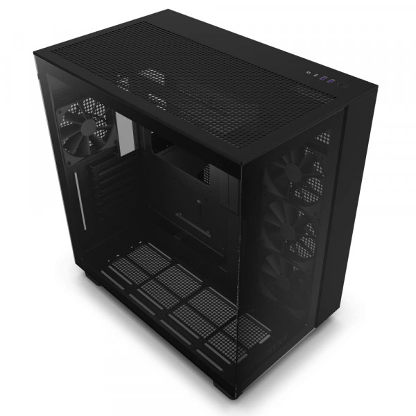 Caja para juegos de PC de torre media ATX de doble cámara NZXT H9 Flow - Panel superior perforado de alto flujo de aire - Paneles frontales y laterales de vidrio templado - Soporte para radiador de 360 ​​mm - Gestión de cables - Negro