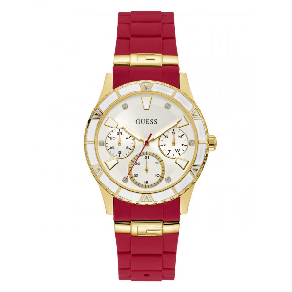 GUESS Reloj dorado + icónico de silicona resistente a las manchas en color rojo con día, fecha + hora militar/internacional de 24 horas. Color: Rojo (Modelo: U1157L2)