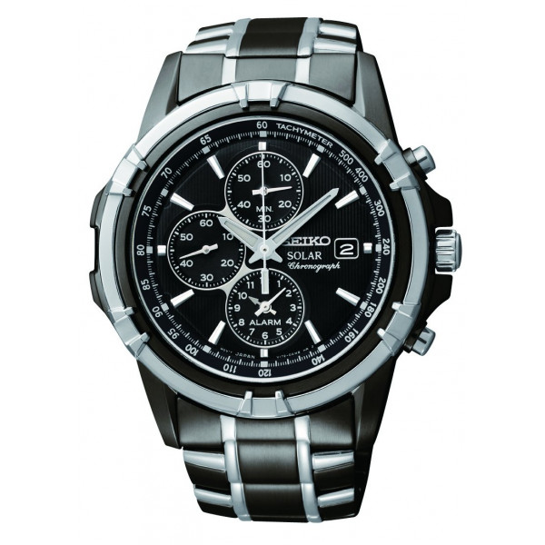 Reloj SEIKO SSC143 para hombre - Essentials - con cronógrafo solar, acero inoxidable con acabado de iones negros, calendario de fecha, manecillas LumiBrite y resistente al agua hasta 100 m