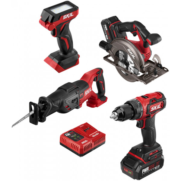 Skil - Kit de 4 herramientas PWR CORE 20 Brushless 20V: taladro atornillador, sierra alternativa, sierra circular y luz LED - Rojo/Negro