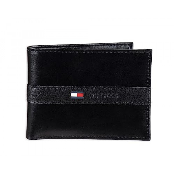 Tommy Hilfiger Cartera de cuero para hombre - Cartera plegable delgada, elegante e informal con 6 bolsillos para tarjetas de crédito y ventana de identificación extraíble, color negro