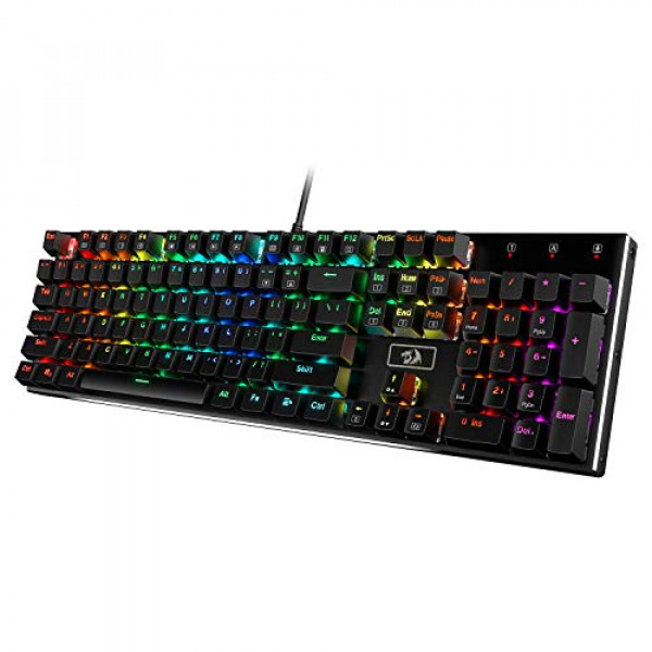 Redragon K556 RGB Teclado mecánico para juegos con cable retroiluminado LED, teclado mecánico de intercambio en caliente de 104 teclas con base de aluminio, enchufe mejorado y espumas absorbentes de ruido, interruptor marrón táctil suave