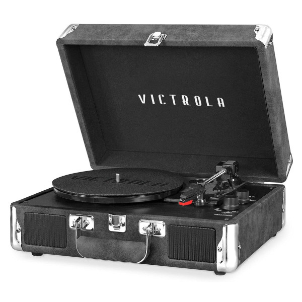 Victrola Vintage Tocadiscos portátil Bluetooth de 3 velocidades con altavoces incorporados | Sonido de audio del tocadiscos mejorado|Gris, número de modelo: VSC-550BT-GRY