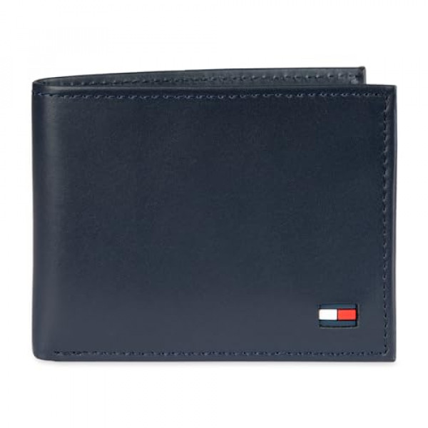 Tommy Hilfiger Cartera plegable de cuero delgada para hombre con 6 bolsillos para tarjetas de crédito y ventana de identificación extraíble - Azul marino