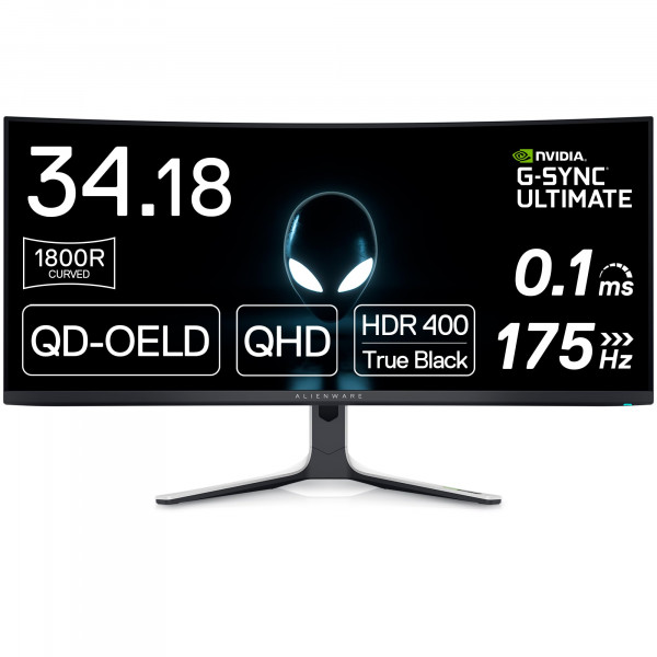 Alienware AW3423DW Monitor curvo para juegos Pantalla Quantom Dot-OLED 1800R de 34,18 pulgadas, 3440x1440 píxeles a 175 Hz, verdadero 0,1 ms de gris a gris, relación de contraste 1M:1, 1,07 mil millones de colores - Luz lunar