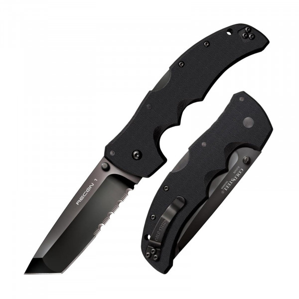 Cuchillo plegable táctico Cold Steel Recon 1 Series con bloqueo Tri-Ad y clip de bolsillo, fabricado con acero CPM-S35VN de primera calidad, Tanto medio dentado