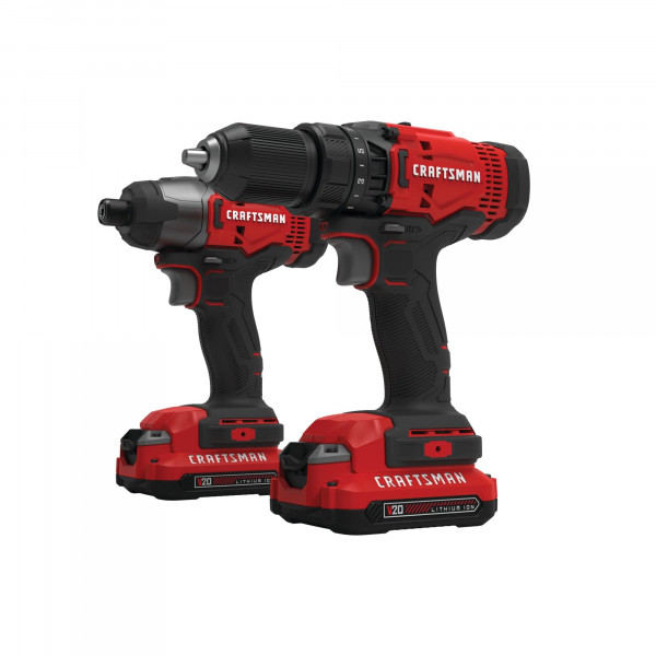 CRAFTSMAN V20 MAX Taladro inalámbrico y destornillador de impacto, kit combinado de herramientas eléctricas con 2 baterías y cargador (CMCK200C2AM)