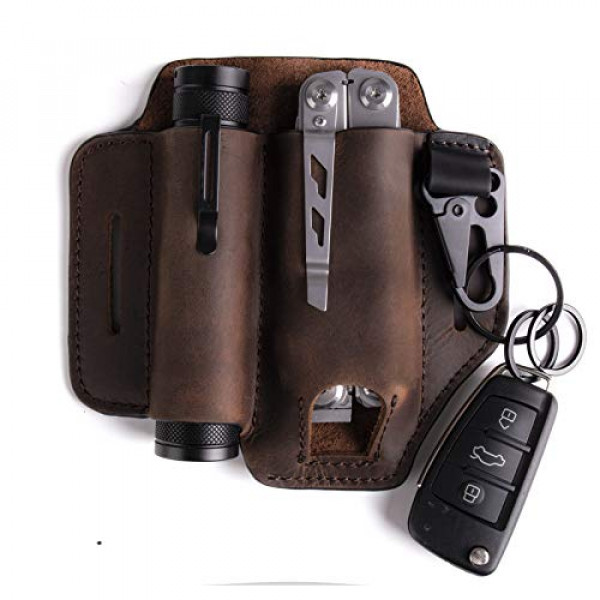 Gentlestache Funda de cuero para funda multiherramienta Leatherman EDC Organizador de bolsillo con llavero para cinturón y funda para linterna Bolsa multiherramienta