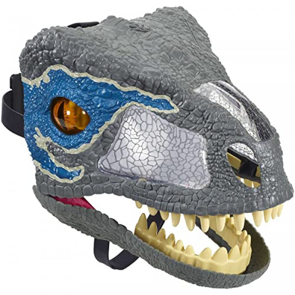 Jurassic World Velociraptor Blue Chomp 'n Roar Máscara electrónica con mandíbulas de apertura, 3 niveles de efectos de sonido, correa segura y aberturas para ojos y nariz para visibilidad, a partir de 6 años