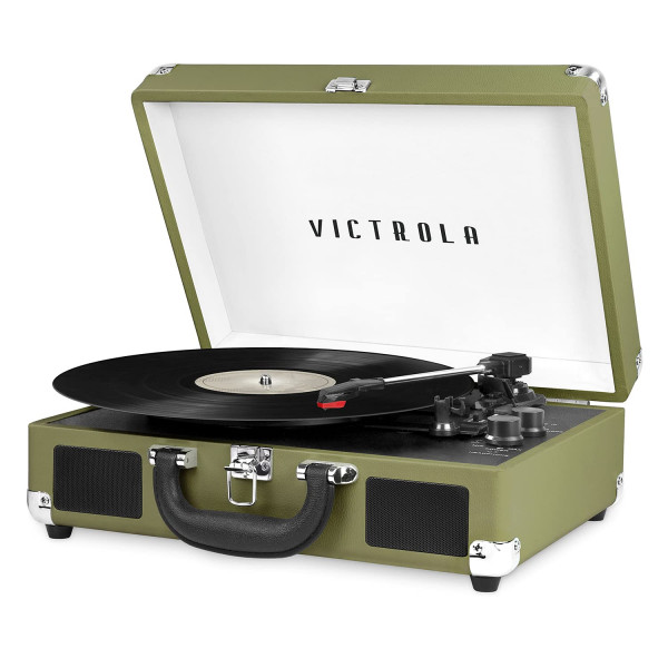 Victrola Vintage Tocadiscos portátil Bluetooth de 3 velocidades con altavoces incorporados | Sonido de audio de tocadiscos mejorado | Verde oliva, número de modelo: VSC-550BT-GRO