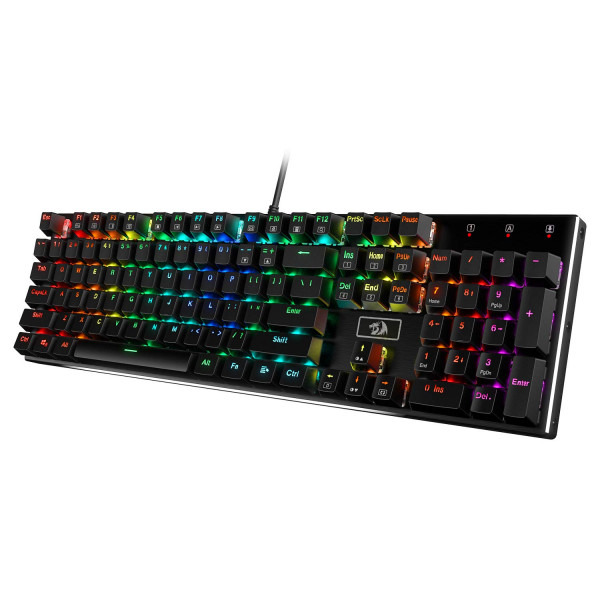 Redragon K556 RGB Teclado mecánico para juegos con cable retroiluminado LED, teclado mecánico de intercambio en caliente de 104 teclas con base de aluminio, enchufe mejorado y espumas absorbentes de ruido, interruptor marrón táctil suave